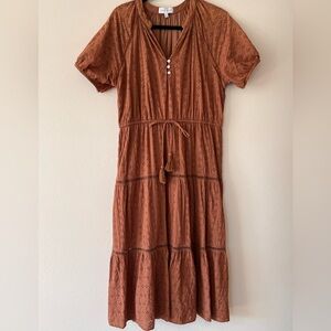 Lost + Wander Rust Eyelet Tiered Maxi Dress with Tassel Tie